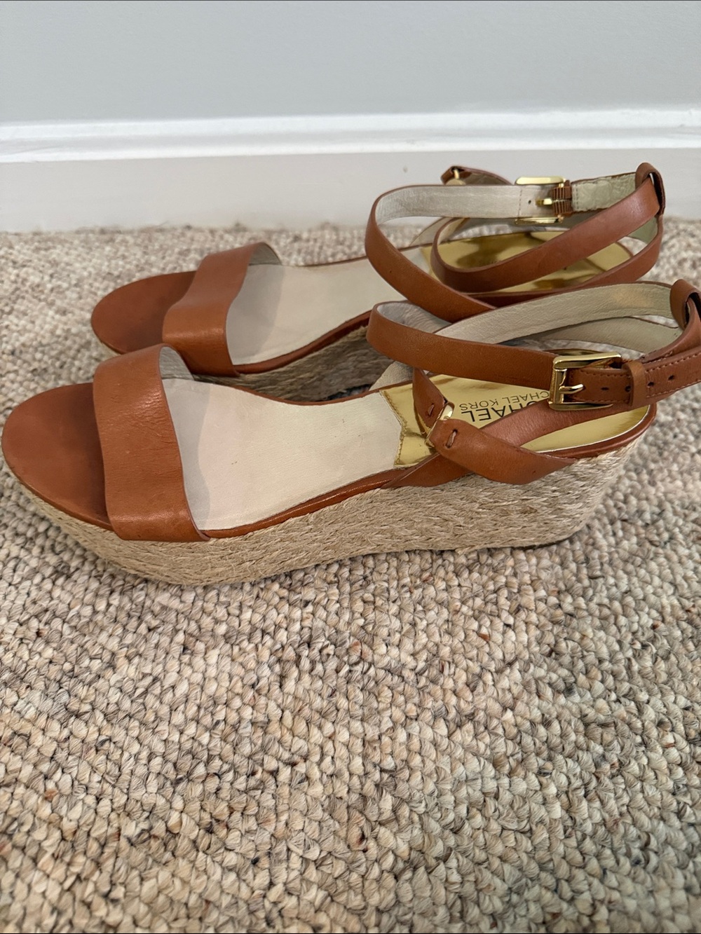 Michael Kors Brown Leather Espadrille Wedge Sandals